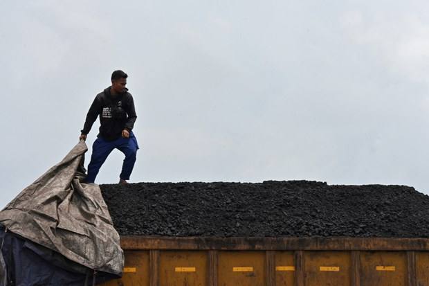 Seorang pekerja berada di atas truk yang mengangkut batu bara di pelabuhan Karya Citra Nusantara Marunda, di Jakarta, 17 Januari 2022. [Adek Berry/AFP/Benar News]