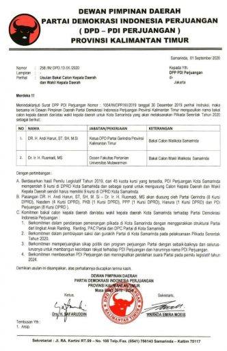 Surat Rekomendasi DPD PDIP Kaltim untuk Andi Haru