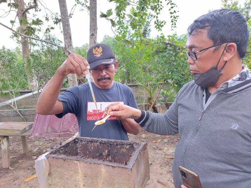 Sekretaris Desa Bhuana Jaya, Suwondo saat melihatkan madu kelulut kepada Kabid PKP Diskominfo Kukar, Ahmad Rianto. (Supri/Kaltimtoday.co).