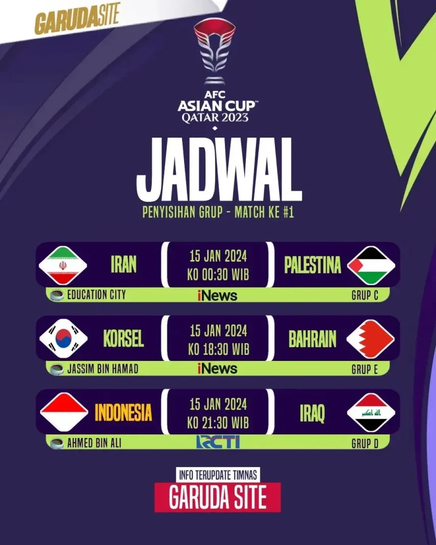 Berikut Jadwal dan Link Nonton Piala Asia 2023 Timnas Indonesia vs Irak Malam Ini