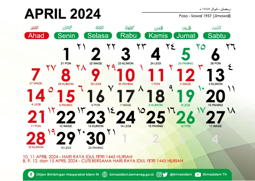 Kalender April 2024, Lengkap Tanggal Weton Jawa dan Hijriah