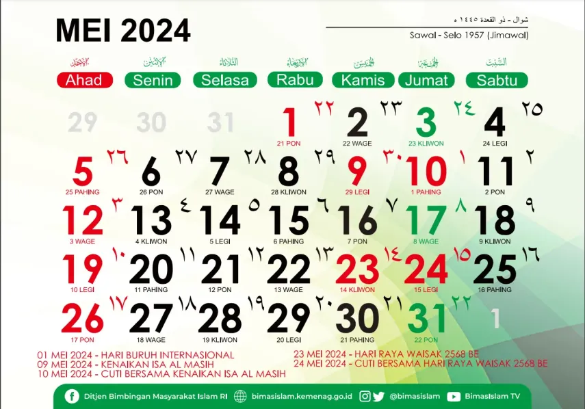 Kalender Mei 2024: Lengkap Tanggal Weton Jawa dan Hijriah