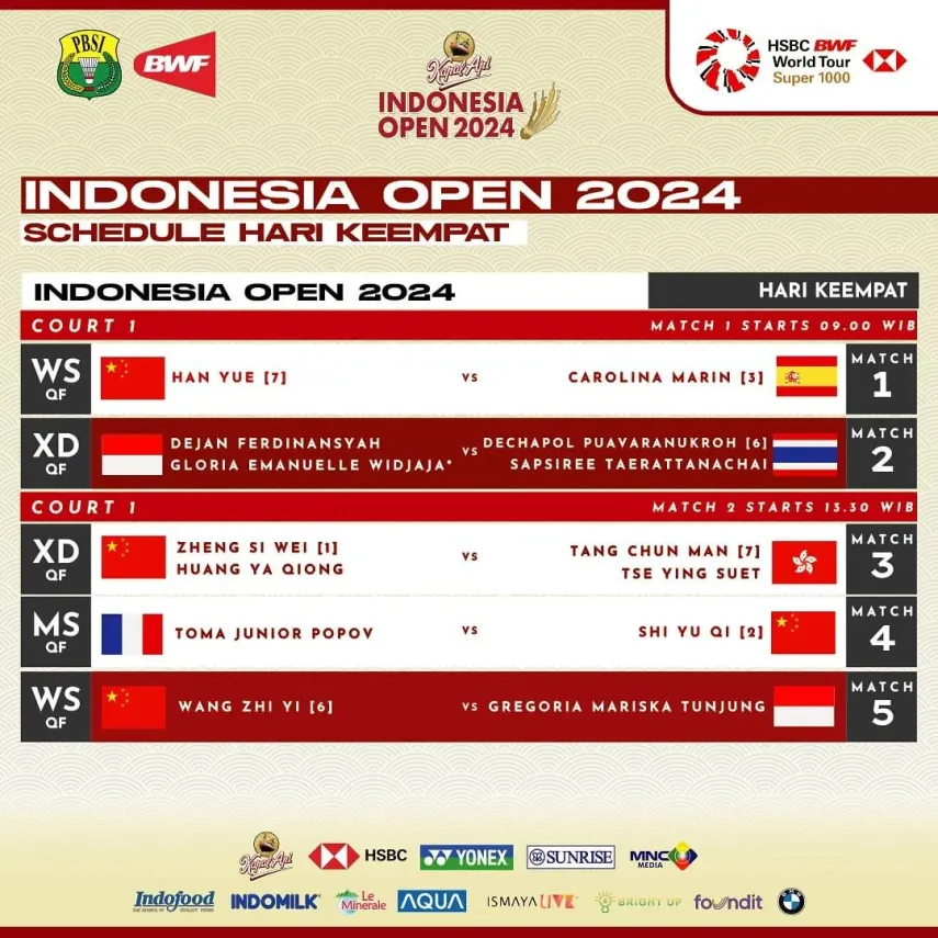 Hari Ini! Link Live Streaming Babak Perempat Final Indonesia Open 2024