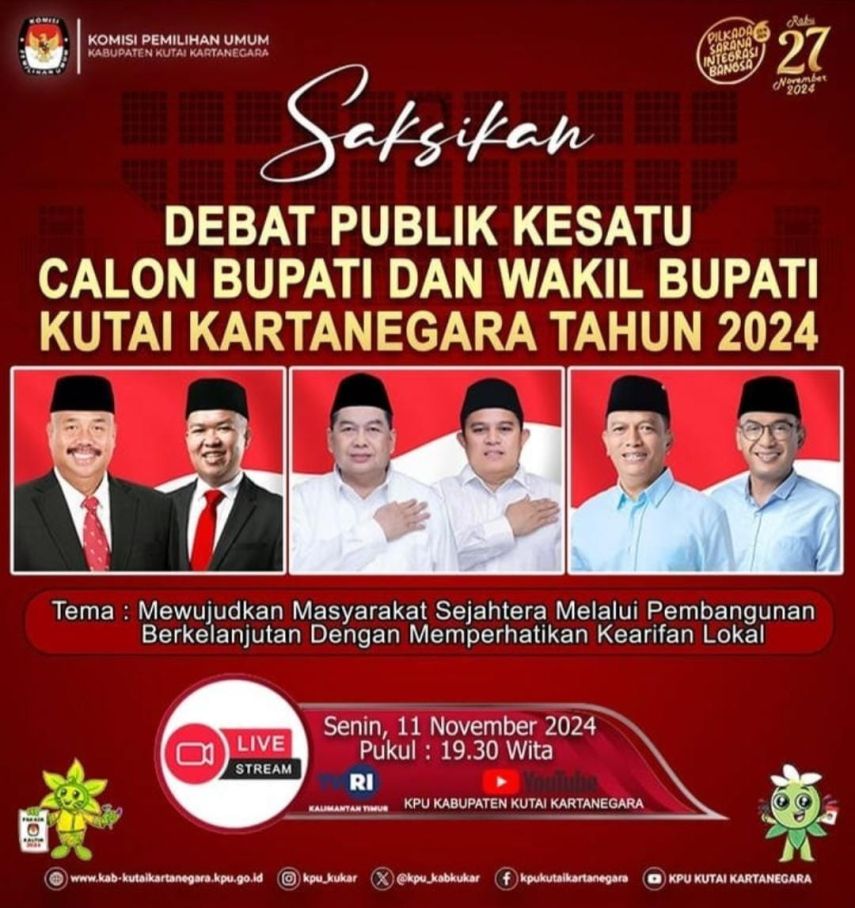 Fokus Pembangunan Berkelanjutan dan Kearifan Lokal, Debat Perdana Calon Bupati Kukar Disiarkan Lewat Channel Youtube KPU