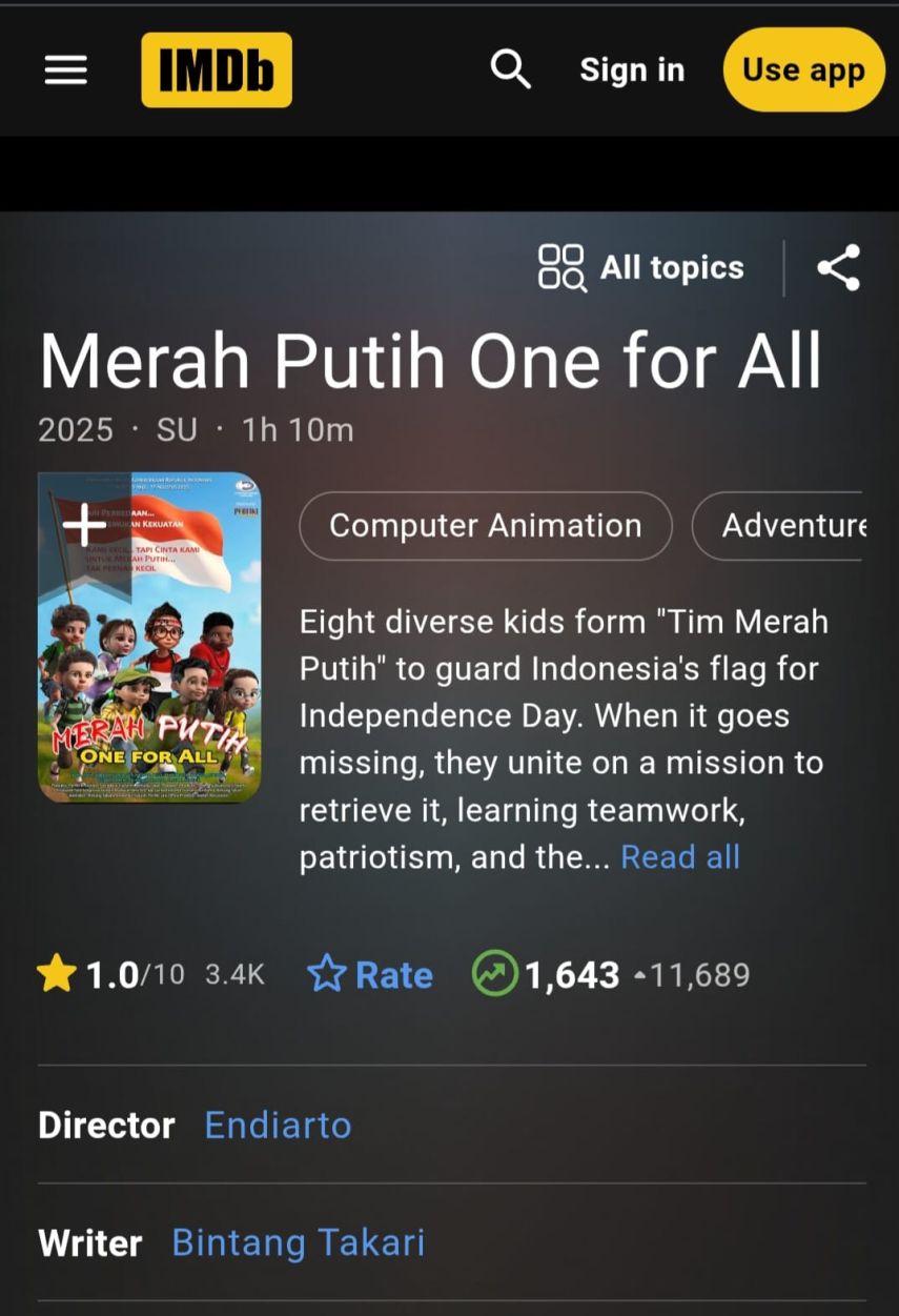 Film Animasi Merah Putih One for All Dapat Rating Terburuk 1 Bintang di IMDb