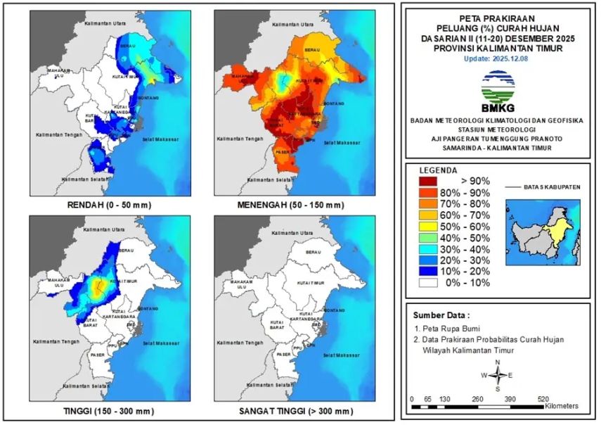 BMKG Peringatkan Potensi Hujan Tinggi di Sejumlah Wilayah Kaltim pada 11–20 Desember 2025