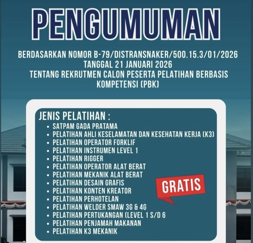 Distransnaker Kukar Buka Pendaftaran 14 Kejuruan Pelatihan Kerja, Kuota Capai 700 Peserta