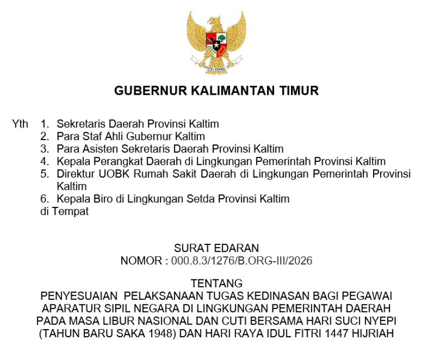 Kapan WFA ASN Kaltim Dimulai? Cek Jadwal Fleksibilitas Kerja Jelang Nyepi dan Lebaran 2026
